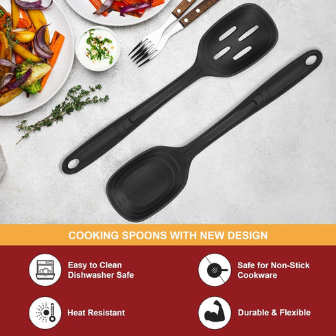 Silicone Cooking Spoon Set, Premium Non-Stick Solid and Slotted Spoon Pack of 2 Kitchen Basting Spoons for Cooking, Large Heat-Resistant Utensils ...