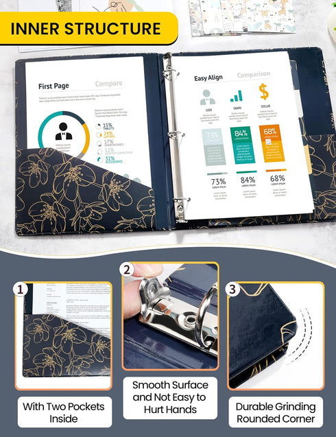 SUNEE 3 Ring Binder 1 Inch, Cute Binder with 2 Pockets, Decorative Pretty Three Ring Binder (Gold Rose on Blue Design) Heavy Duty (Fit 8.5x11 Inch...