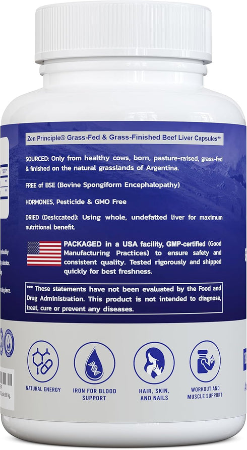 Zen Principle Ultra-Pure Desiccated Beef Liver, Grass-Fed, Pasture-Raised Cows. No Hormones or GMO. Natural Energy and Workout Boost from Iron, Am...