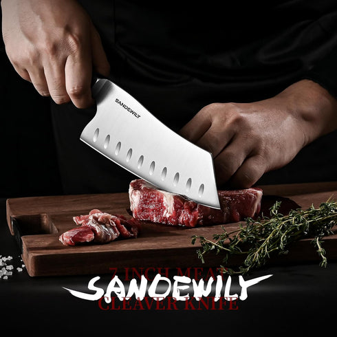 Meat Cleaver Chef Knife,7-in Ultra Sharp Kitchen Knife,Slicer Knife Cooking Knife Vegetable Knife,German HC Stainless Steel,Full Tang Wood Handle,...
