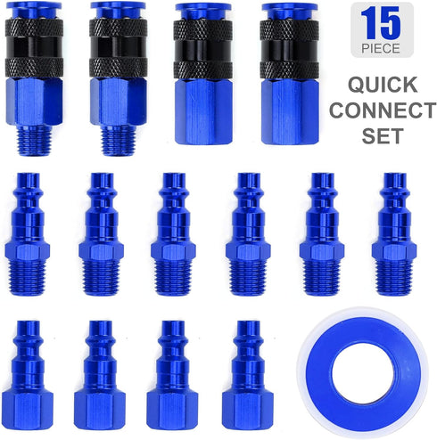 15 Pieces 1/4" NPT Aluminum Air Coupler and Plug Kit, Quick Connect Air Fittings, Industrial Quick Connector Set (Blue)...