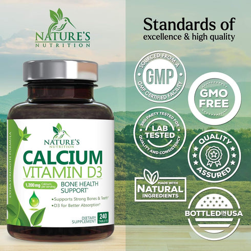 Calcium 1200 mg Plus Vitamin D3, Bone Health & Immune Support - Nature's Calcium Supplement with Extra Strength Vitamin D for Extra Strength Carbo...