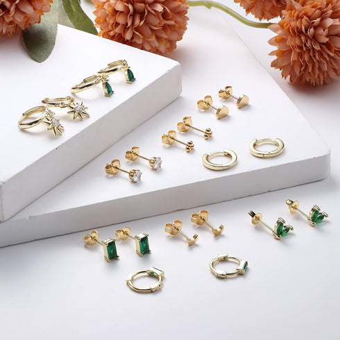 HAIAISO 10 Pairs 14K Gold Plated Huggies Hoop Studs Earrings for Women Small Dangle Hoop Earrings Gold Green Earrings Set for Multiple Piercing...