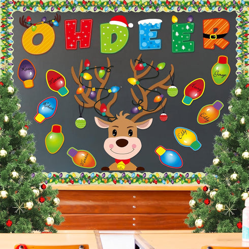 55 Pcs Christmas Bulletin Board Decoration Christmas Reindeer Bulb Classroom Bulletin Board Cutouts Sets for Xmas Party Supplies Toddler Kids Stud...