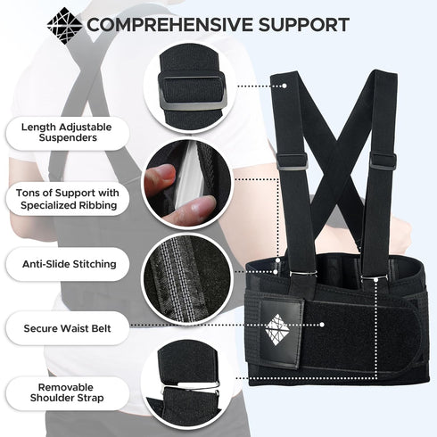 Adjustable Lower Back Support Belt with Suspenders - Heavy Duty Work Brace for Men & Women - Industrial Strength Lumbar Protection for Constructio...