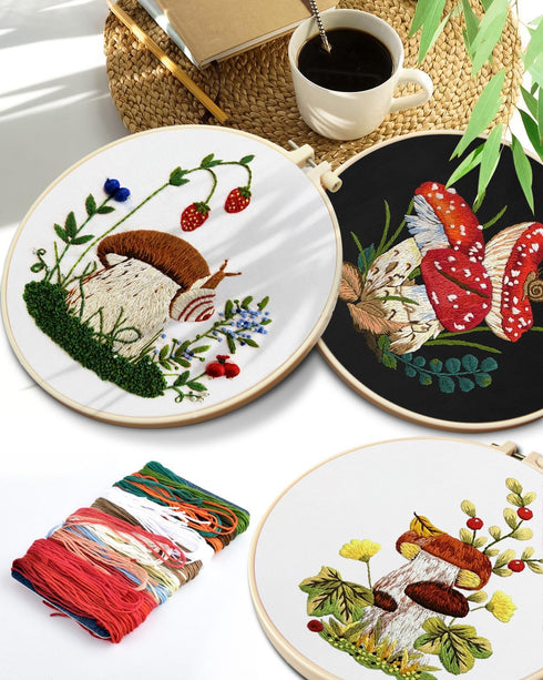 TINDTOP Embroidery Kit for Adult for Beginners, 5 Sets Mushroom Embroidery Kit for Beginners Include Embroidery Cloth Hoops Threads for Craft Love...