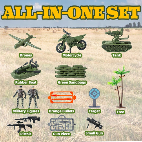 Army Toys, Military Soldier Action Figures,Military Toys Include Green Army Men, Rowboats, Motorcycles, Aircraft Weapons Accessories Playset Toy S...