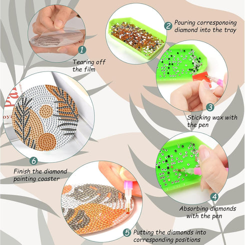 6 Pcs Leaves Diamond Coasters Kits, DIY Gray Leave Boho Diamond Art Coasters Non Slip Coaster for Adults Kids Beginners, Diamond Coasters Painting...