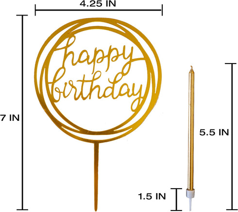24 Count Tall Thin Metallic Gold Slow Burning Birthday Candles in Holders, and Matching Classy Cake Topper for Special Custom Birthday Cake Cupcak...