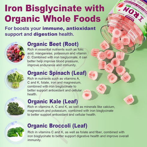 Vegan Iron Gummies Supplement - High Absorption Chelated Bisglycinate Iron with Vitamin C, B-Complex, Folate for Energy, Blood Builder Iron Filled...