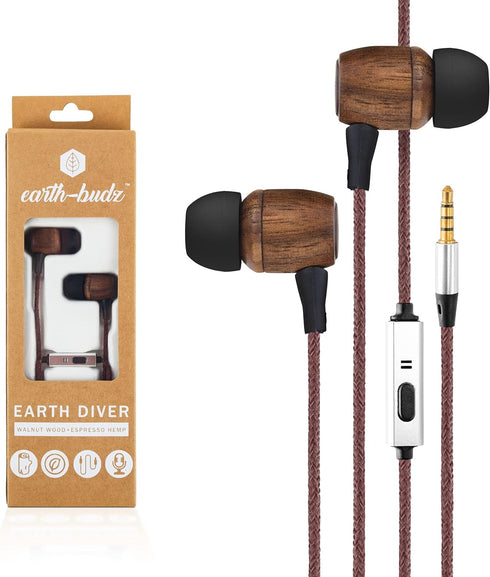 Earth-Budz - Genuine Wood Earbuds, in-Ear Noise-Isolating Headphones, with in-line Microphone. (Earth Diver)...