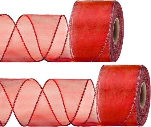 2 Rolls Christmas Organza Wired Sheer Ribbon Chiffon Ribbon Wide Solid Color Wired Sheer Organza for Christmas (Red)...