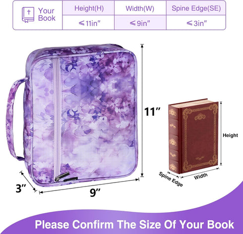 Waterproof Thick Bible Cover Case for Women, Large 11x9x3inch Purple Floral Bible Cover with Strap Pockets Zipper for Girls, XL Study Bible Carryi...