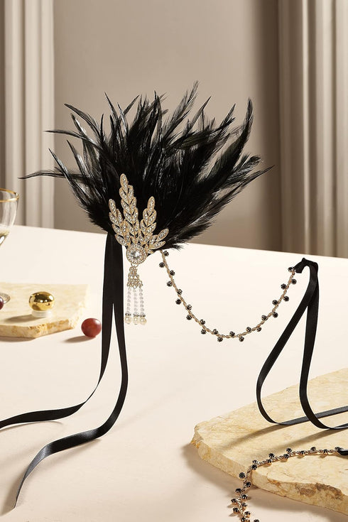 BABEYOND Art Deco 1920's Flapper Great Gatsby Inspired Leaf Medallion Pearl Headband Black Feather...