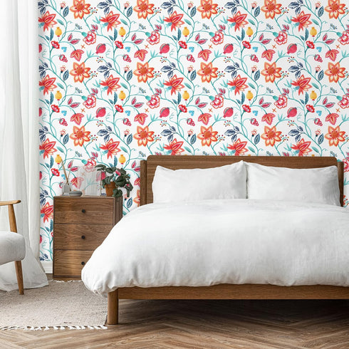 Red Floral Wallpaper Botanical Pomegranate Flower Stick and Peel Wall Paper for Bedroom Laundry Room Removable Self Adhesive Decorative Floral Con...