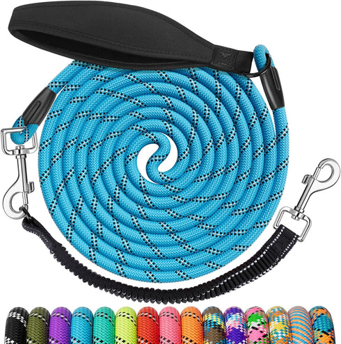 NTR Long Leash, 15FT Nylon Dog Rope with Upgrade 2 Swivel Hooks & Ergonomic Padded Handle, Detachable Reflective Bungee Blue Leash for Small Mediu...