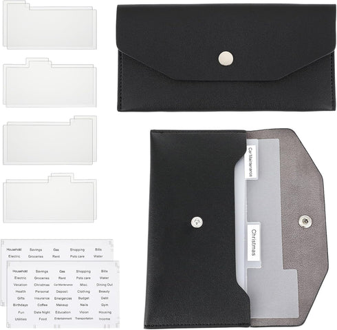 Cash Envelope Wallet Black PU leather budget cash envelopes divider wallet label sticker budget envelopes set suitable for budget planners and cas...