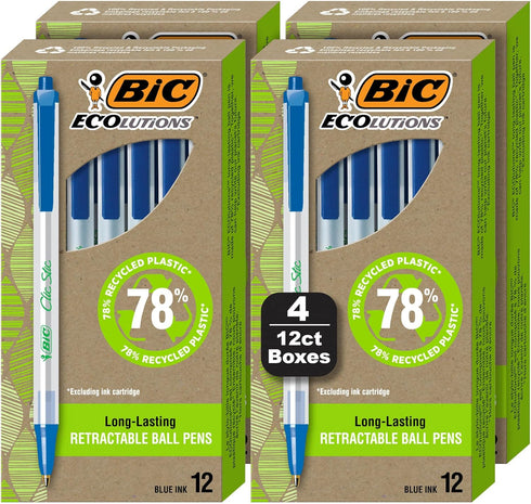 BIC Ecolutions Clic Stic Blue Ballpoint Pens, Medium Point (1.0mm), 48-Count Pack, Retractable Ball Point Pens Made from 78% Recycled Plastic...