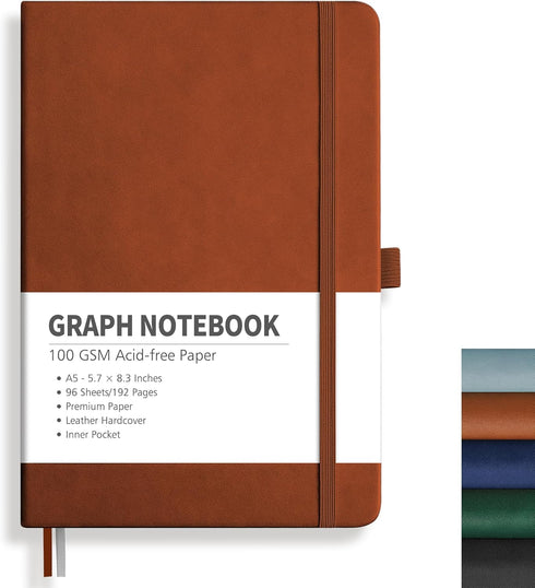 RETTACY Graph Paper Notebook - Graph Grid Paper Notebook with 192 Pages, Notebooks for Work, School, 100 GSM Paper, Leather Hardcover, Inner Pocke...