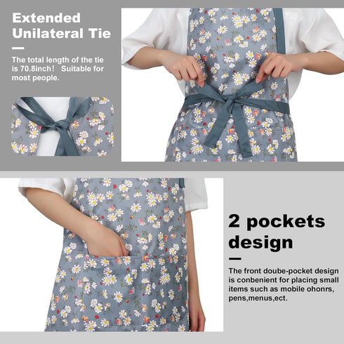 3 Pcs Daisy Floral Aprons with pockets, Waterproof Apron for women, Kitchen Cooking Apron Adjustable Bib aprons Soft Chef Apron for Cooking, Drawi...