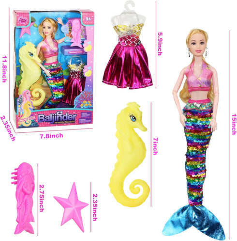 Mermaid Princess Doll with Little Mermaid and Seahorse Playset, Blonde Hair Mermaid Dolls Toys with Accessories, Best Birthday Gifts for Girls 3-7...