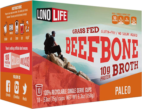 LonoLife Beef Bone Broth Powder Mix | Grass-Fed, 10g Protein | Collagen-Rich, Keto & Paleo Friendly | Natural Ingredients | 10 Single-Serve Cups...