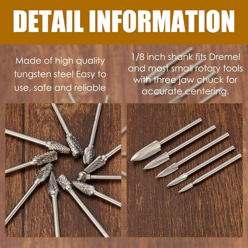 Honoson 15 Pieces Wood Carving and Engraving Drill Bit Double Cut Rotary Burr Carbide Woodworking Drill Bits Set for DIY Woodworking, Drilling, En...