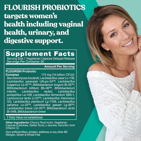 Flourish Probiotics + Prebiotics for Women – Gut and Digestion, Urinary Tract, Reduce Bloating, Vaginal Health – 18 Clinically Proven Strains, 14 ...