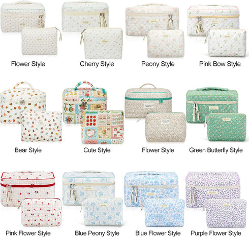 2 Pcs Cotton Quilted Makeup Bag, Large Travel Coquette Cosmetic Bag, Aesthetic Cute Floral Cherry Peony Toiletry Organizer skincare Bag for Women ...