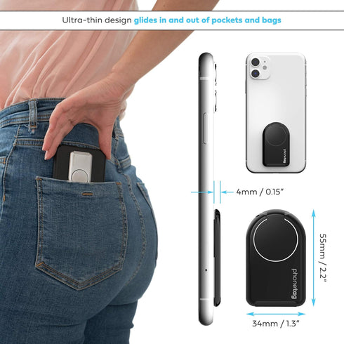 phonetag - Mobile Cell Phone Kickstand & Ring Holder, Stand Your Phone In Portrait & Landscape With The Finger Ring Grip Holder, Use On Magnetic C...