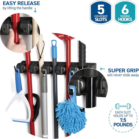 Mop and Broom Holder Wall Mount - Garage Storage Organizer with 5 Slots, 6 Hooks, 7.5lbs Capacity Per Slot - Home, Kitchen, Closet, Garden Tools, ...