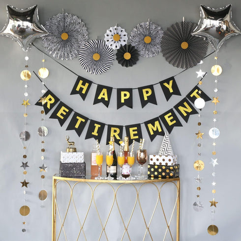 Retirement Party Decorations Supplies, Black and Gold Happy Retirement Banner, Folding Paper Fans, Sparkling Star Garlands, Star Shape Foil Balloo...