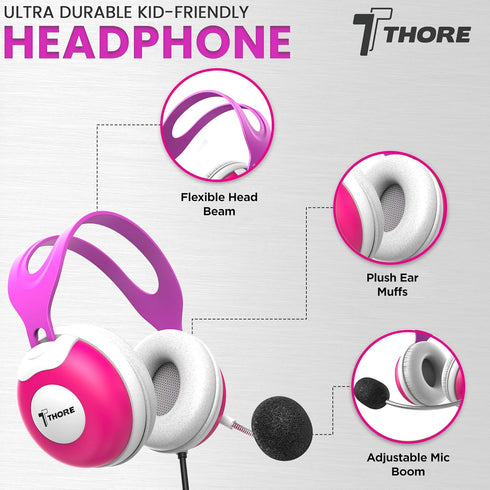 Thore Kids Headphones with Microphone (Over Ear) Headset with Boom Mic + Volume Control for Girls, Online School (Pink)...