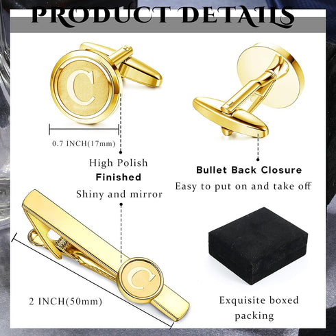Helicopchain Initial Cufflinks and Tie Clips Set for Men Personalized Shirt Gold Cuff Links and Tie Bar Alphabet Letter A-Z with Gift Box for Wedd...