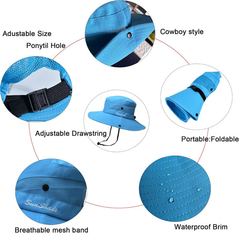 Ponytail Sun Bucket Hat for Women Men Wide Brim UPF 50+ Fishing & Beach Hats...