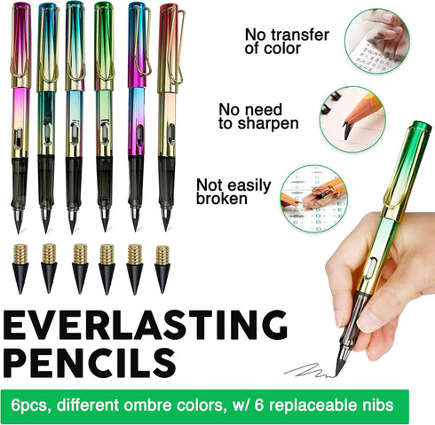 6pcs Pencil Set,Infinity Eternal Pencils with Replaceable Nibs +Eraser Equa to 100 Wooden Pencils,Black Inkless Everlasting Pencils For Wrtting Sc...