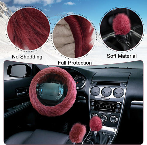 3pcs Fluffy Wine Red Steering Wheel Cover, Fashion Fuzzy Plush Car Steering Wheel Cover with Handbrake Cover & Gear Shift Cover Winter Fur Warm Ve...