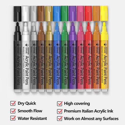 TFIVE Paint Markers Paint Pens - 12 Color Premium Medium Point Acrylic Paint Marker Pens for Rocks Painting, Metal, Ceramic, Glass, Wood, Fabric, ...