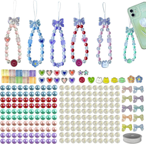 SHUANGART 252 Pcs Phone Chain Beaded Making kit, Cell Phone Charms Lanyard Wrist Strap Set with Acrylic Assorted Pastel Beads Butterfly Flower Hea...