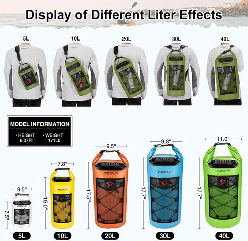 Piscifun Dry Bag, Waterproof Floating Backpack 5L/10L/20L/30L/40L, with Waterproof Phone Case for Kayking, Boating, Kayaking, Surfing, Rafting and...