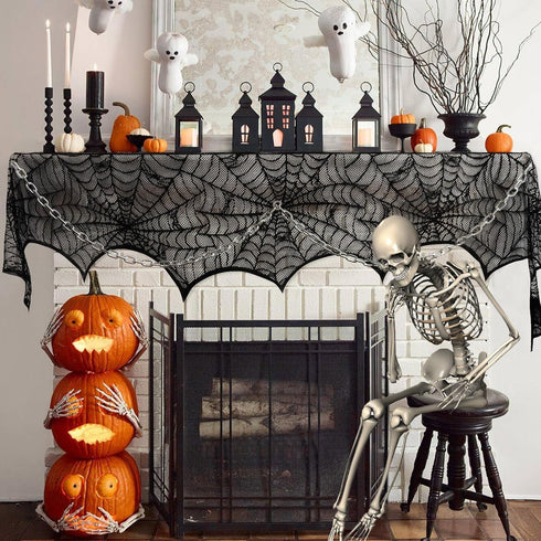 Hooqict Halloween Decoration Halloween Black Lace Spiderweb Fireplace Mantle Scarf Cover for Halloween Party Supplies 18 x 96 Inch...