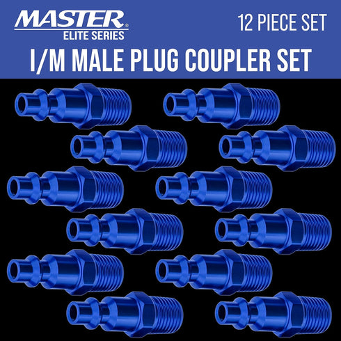 Master Elite Series 12 Piece Industrial I/M Type Plug Air Fittings Set with 1/4" NPT Male Threads - Attach to Quick-Connect Couplers, Hoses, Compr...