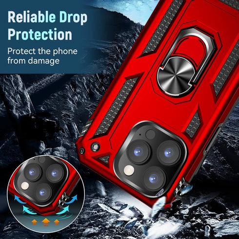 iPhone 14 Pro Max Case with Kickstand, Red-B, Dual Layer TPU/PC Protection, 360°Rotating Ring Stand, Waterproof, Compatible with Car Magnetic Moun...