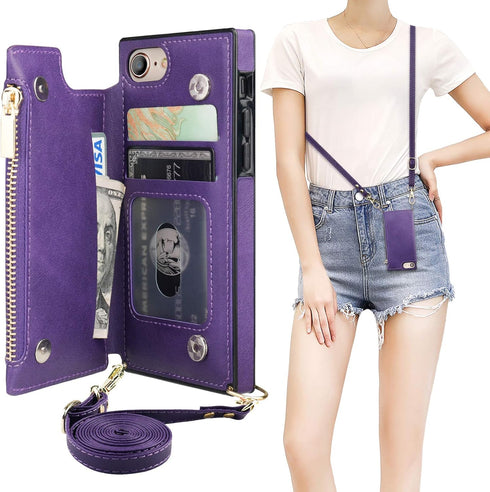Bocasal Crossbody Wallet Case for iPhone SE 2022/SE 2020/7/8 with Card Holder,Zipper Card Slot Protector Shockproof Purse Cover with Removable Cro...
