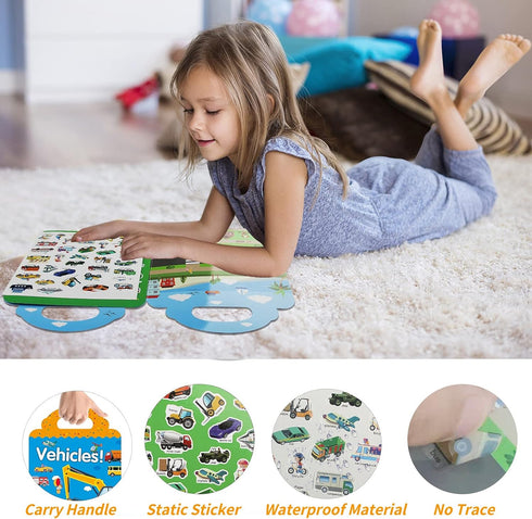 Reusable Sticker Book for Learning, 3 Sets Dinosaur Stickers Ocean Animals and Vehicles Theme Activity Sticker Books for Kids 3+ Girls Boys Travel...