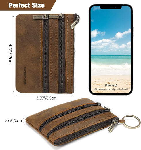 Jack&Chris Coin Purse Pouch for Men, Genuine Leather Coin Purse Zipper Pocket with Keychain Ring, Coin Bag for Men,JC301-8...
