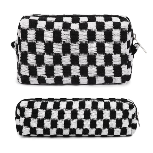Makeup Bag Checkered Cosmetic Bag Black Makeup Pouch 1Pcs Large Capacity Makeup Bags and 1Pcs Makeup Brushes Storage Bag Travel Toiletry Bag Organ...