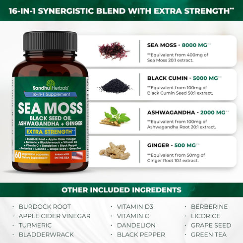 Sea Moss Black Seed Oil Ashwagandha Ginger Burdock Root Turmeric Black Pepper | All in 1 Supplement, 60 Capsules | Seamoss Pills for Men & Women |...
