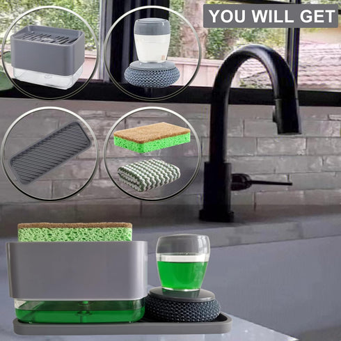 Kitchen Dish Soap Dispenser with Sponge Holder,Sink Countertop Organizer,4-in-1 Upgrade Set,Kitchenware Soap Dispenser Brush,Silicone Tray,Dishwas...