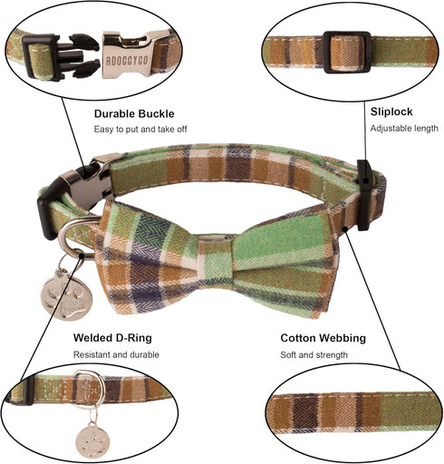 ADOGGYGO Plaid Dog Collar with Bowtie, Green Dog Collars with Detachable Bow tie Adjustable Soft Green Plaid Collars for Small Medium Large Dogs P...